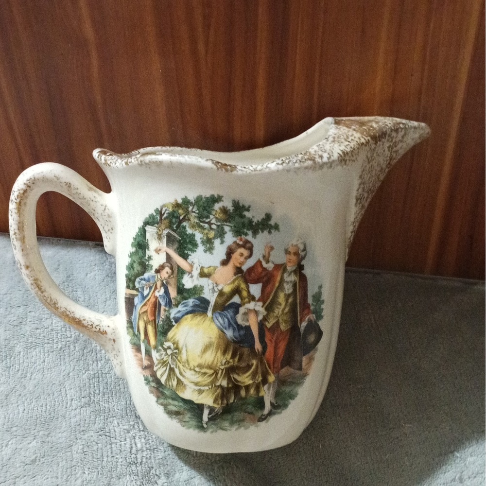 Vintage 1947 Harker Pottery Colonial Courting Couple Pitcher 22K Gold No Lid